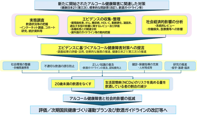 アルコール健康障害対策の研究の流れを示した図。健康日本21(第三次)や飲酒ガイドラインなど新たな対策を受けて、実態調査、エビデンスの収集・整理、社会経済的影響の分析を行い、エビデンスに基づく対策を提言する。社会環境の整備、不適切な飲酒の誘引防止、正しい知識の普及、健診・保健指導の充実、研究の推進を通じて、20歳未満の飲酒をなくすことと、生活習慣病のリスクを高める量を飲酒している者の割合の減少をめざし、アルコール健康障害と社会的影響の低減、次期国民健康づくり運動プランや飲酒ガイドラインの改訂等へつなげる。